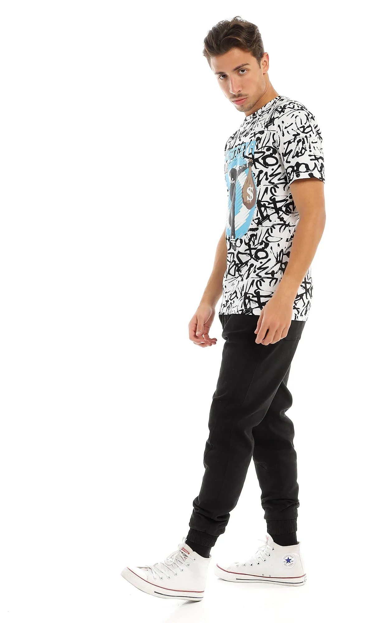 97373 " Gangsta" Printed & Patterned White Summer T-Shirt