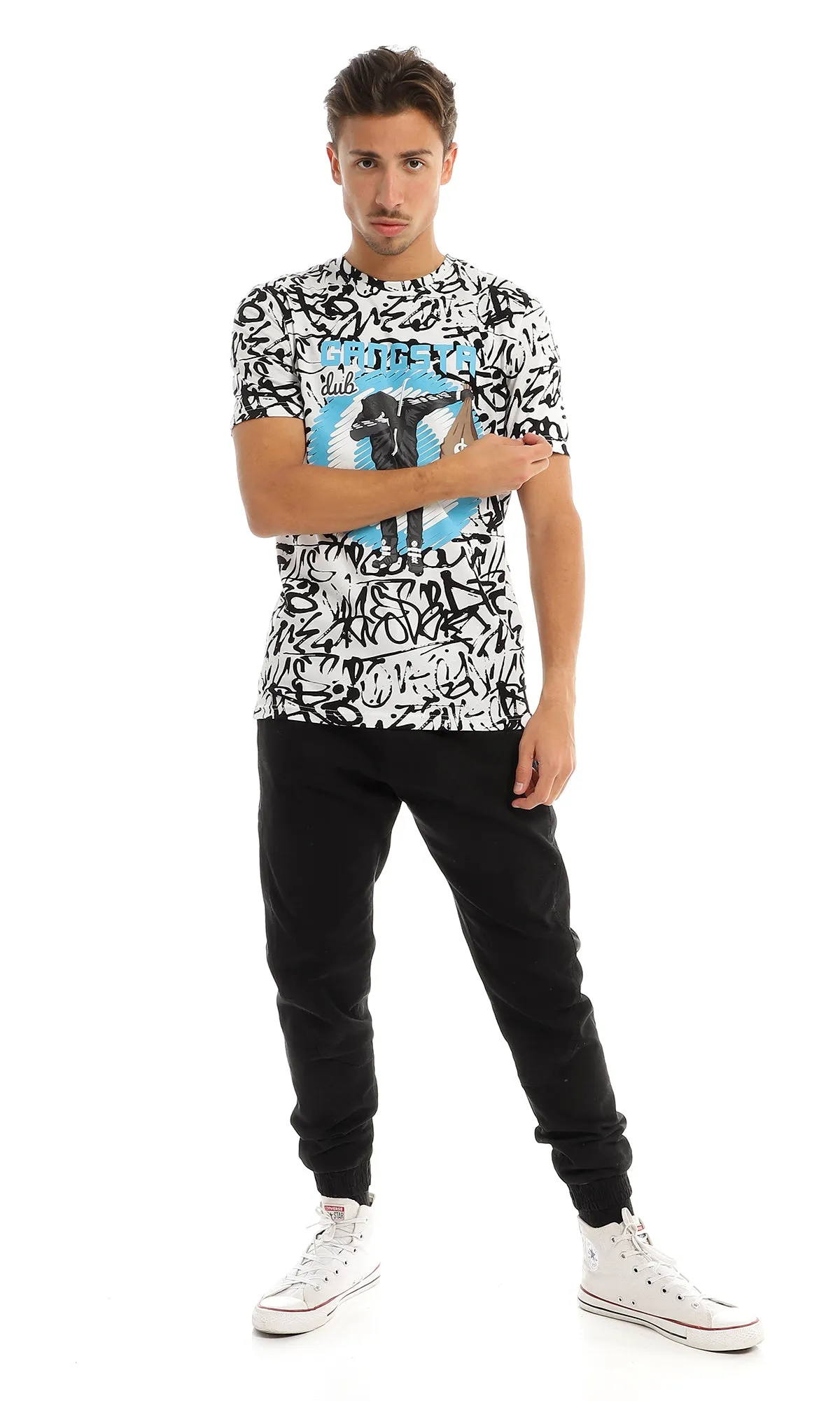97373 " Gangsta" Printed & Patterned White Summer T-Shirt