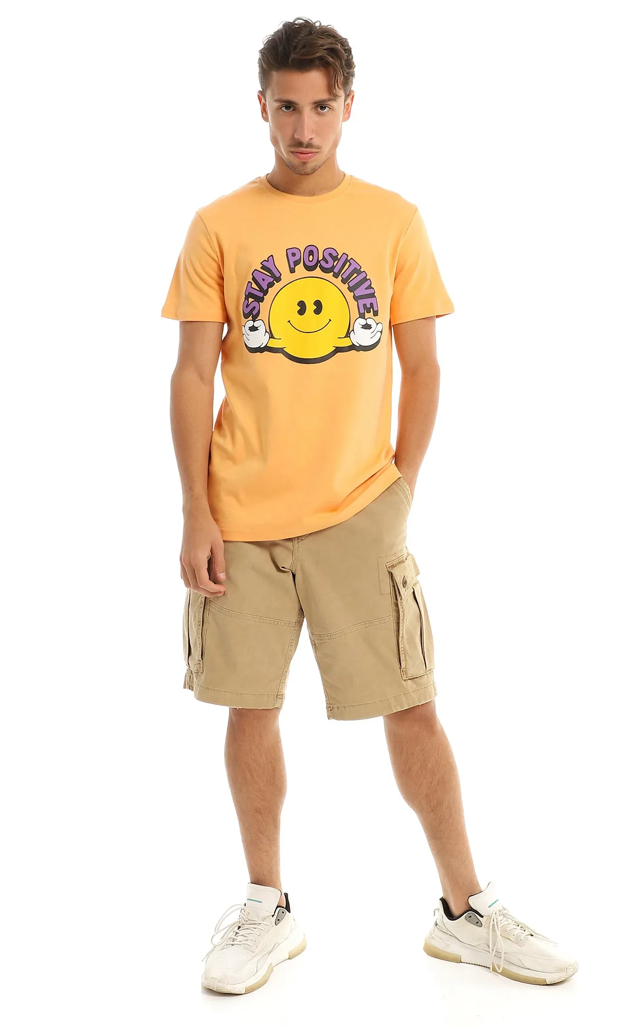 97410 "Stay Positive" Printed Orange Round T-Shirt