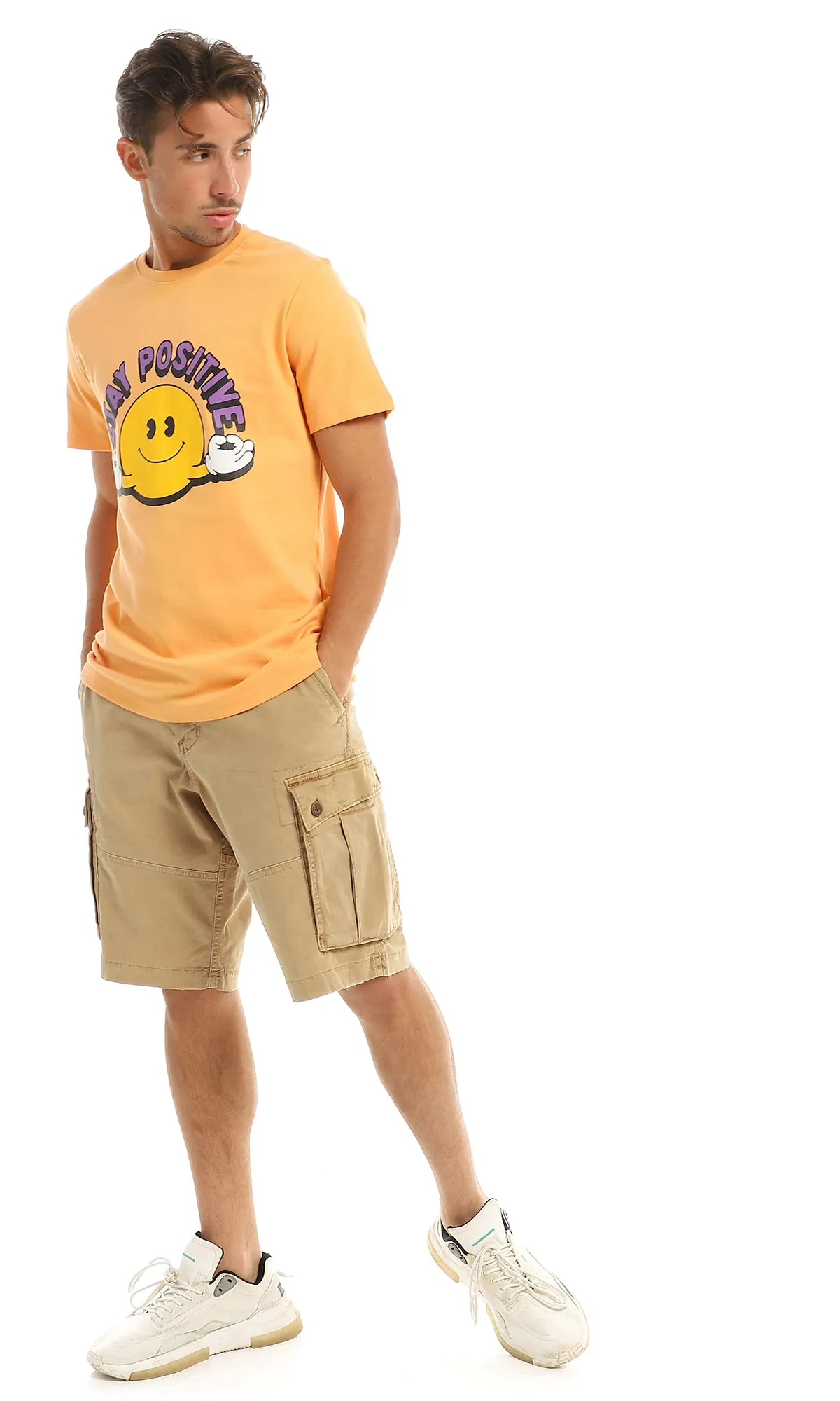 97410 "Stay Positive" Printed Orange Round T-Shirt