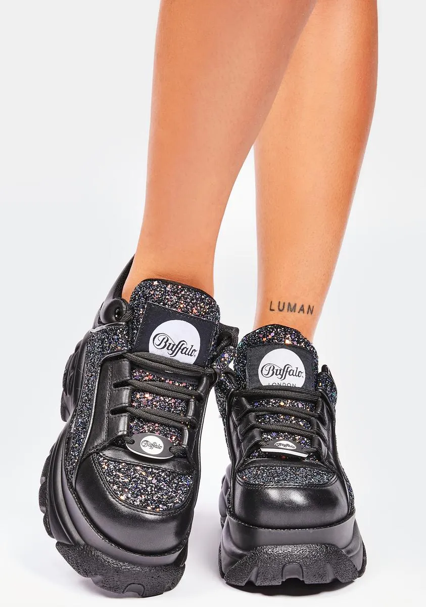 Black Glitter Classic Low Leather Platform Sneakers
