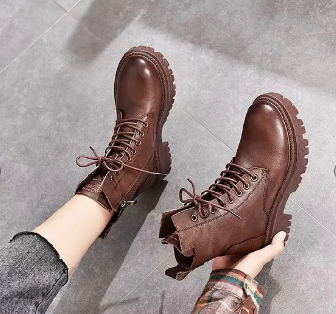 Combat boots, Womens Black Ankle Booties, Military Lace up leather Fashion Work Shoes