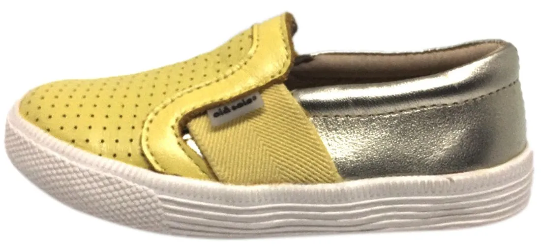 Old Soles Boy's and Girl's 1056 Lemon Gold Perforated Leather Praise Hoff Slip On Elastic Loafer Sneaker