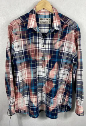 Vintage Navy, Dusty Rose, White and Turquoise Lightweight Flannel Size Large