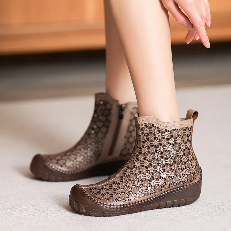 Women Casual Hollow Leather Breathable Ankle Boots