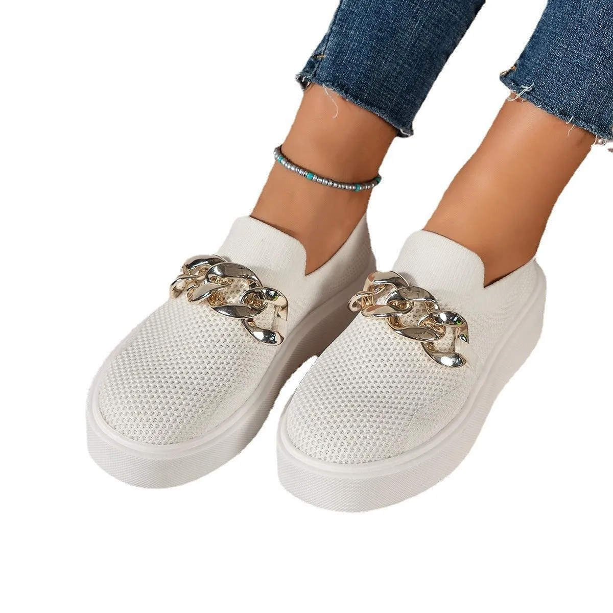 Women's European Style Metal Accent Mid-Heel Net Shoes