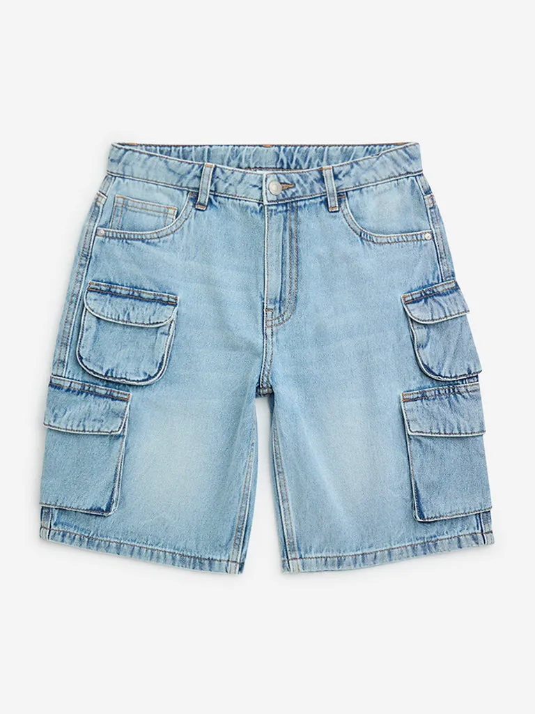 Y&F Kids Blue Cargo-Style Mid-Rise Denim Shorts