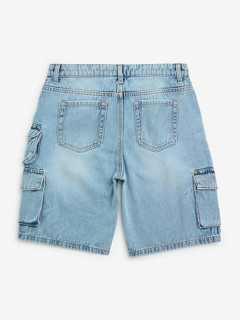 Y&F Kids Blue Cargo-Style Mid-Rise Denim Shorts