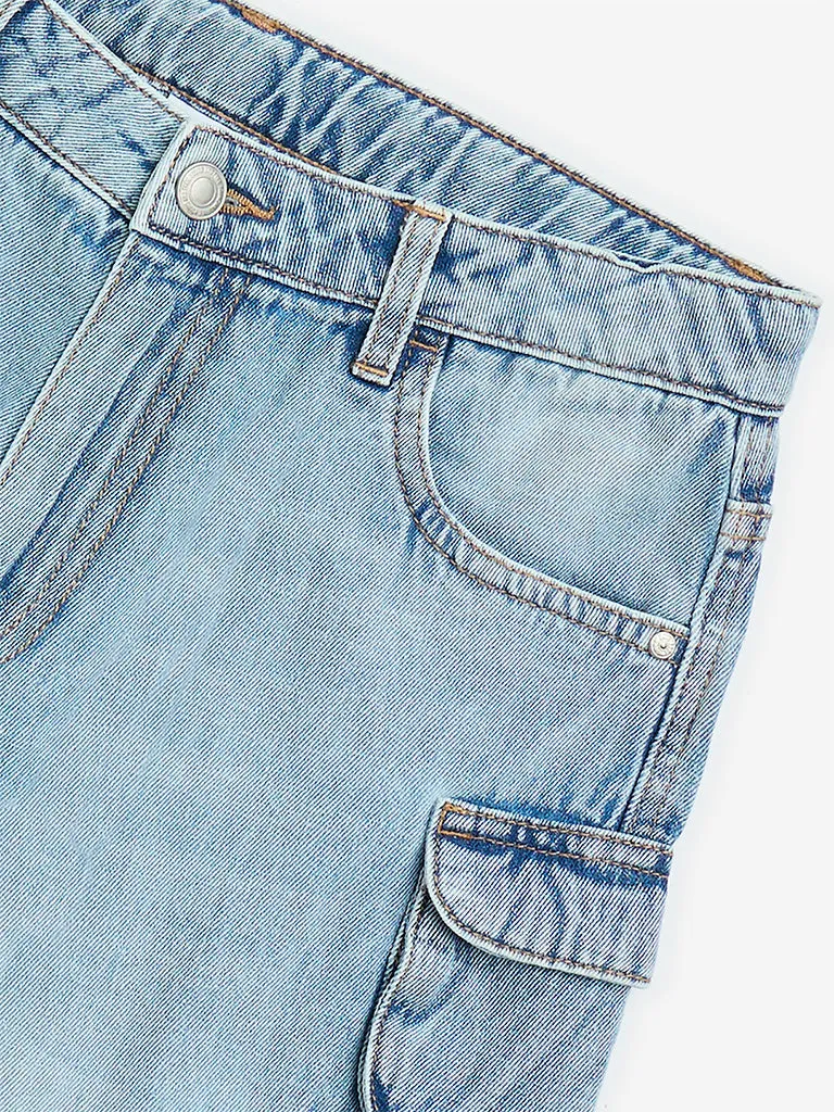 Y&F Kids Blue Cargo-Style Mid-Rise Denim Shorts