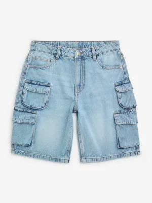 Y&F Kids Blue Cargo-Style Mid-Rise Denim Shorts